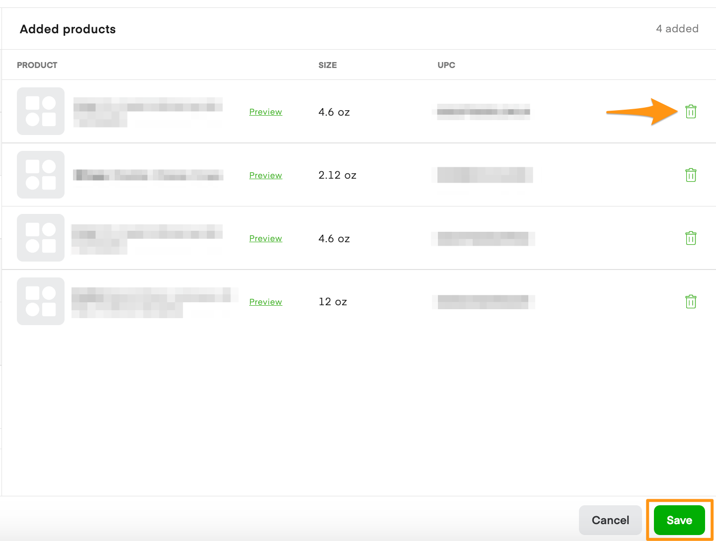 Added products list showing 4 products with PRODUCT, SIZE, and UPC columns, and trash can icons for removal