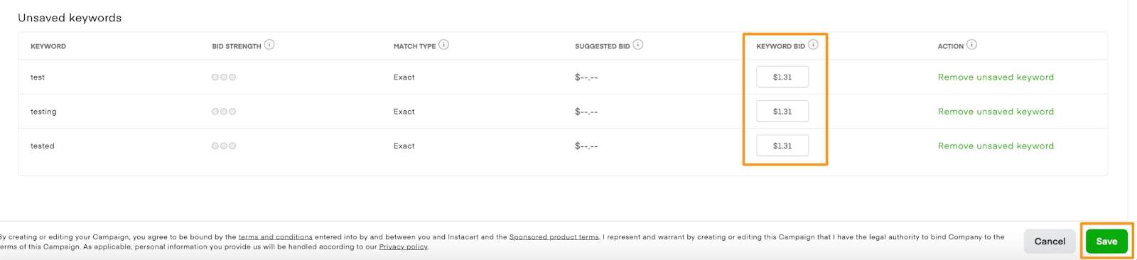 Unsaved keywords table showing keywords with bid amounts highlighted