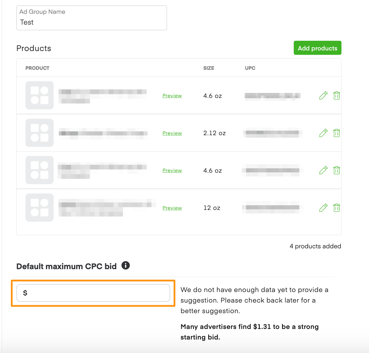 Products list with "Add products" button and Default maximum CPC bid field showing "$" with bid suggestion message