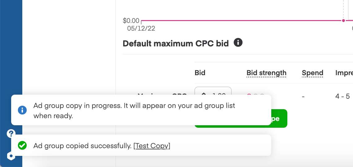 Notifications showing "Ad group copy in progress. It will appear on your ad group list when ready" and "Ad group copied successfully!"