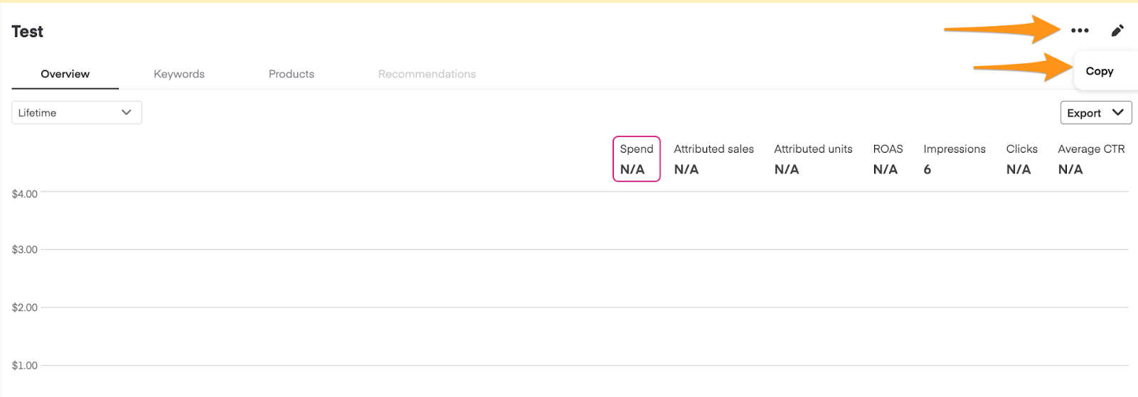 Ad group detail page with three-dot menu in top right showing Copy option