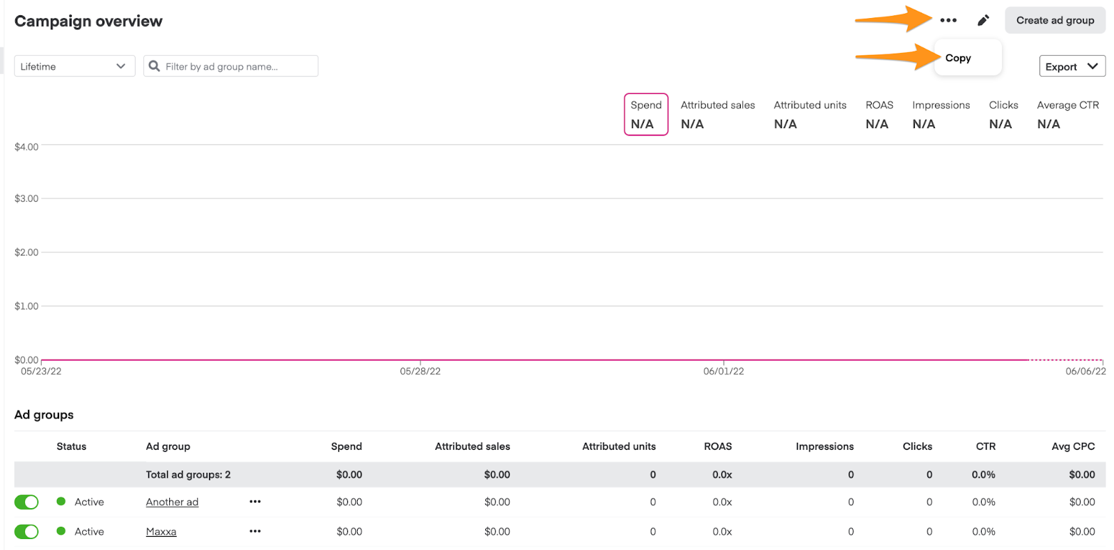 Campaign overview page with three-dot menu in top right showing Copy option