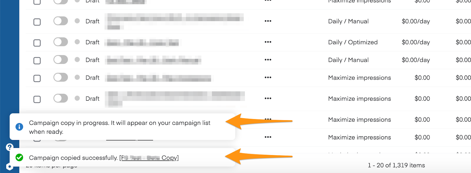 Notification messages showing "Campaign copy in progress. It will appear on your campaign list when ready" and "Campaign copied successfully!"