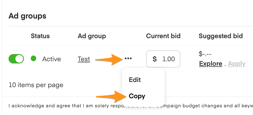 Ad groups table showing Status, Ad group, Current bid, and Suggested bid columns with three-dot menu showing Edit and Copy options