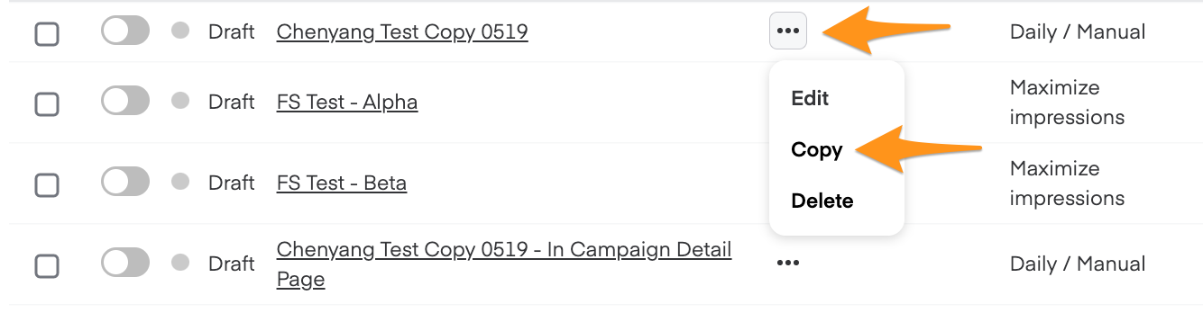 Campaign list showing three-dot menu with Edit, Copy, and Delete options