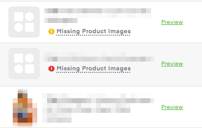 Product list showing "Missing Product Images" warnings with Preview links