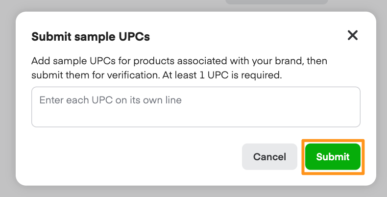 Submit sample UPCs dialog with text area for entering UPCs and Cancel/Submit buttons