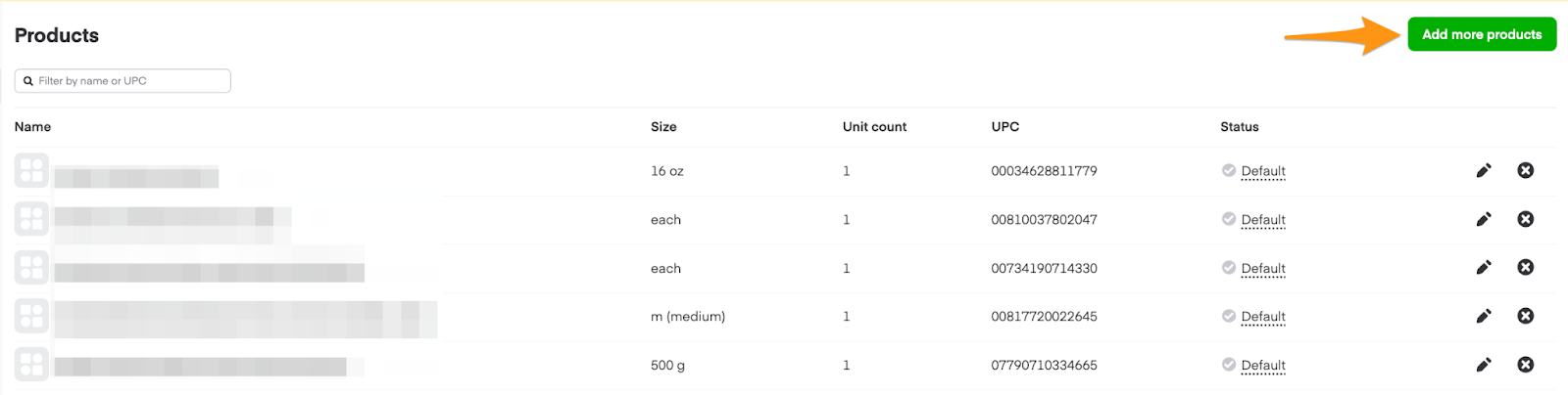 Products table showing Name, Size, Unit count, UPC, and Status columns with "Add more products" button