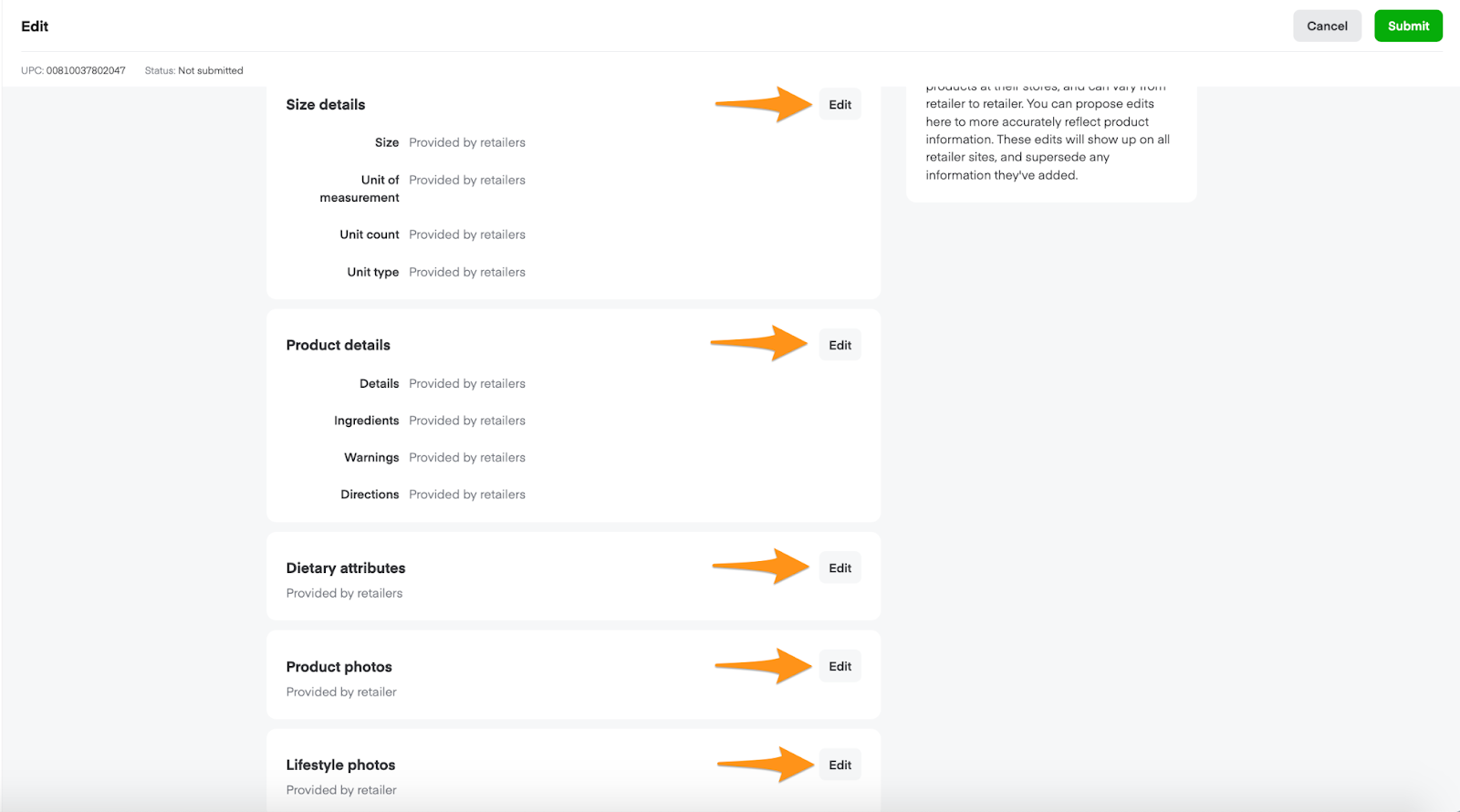 Edit screen showing sections like Size details, Product details, Dietary attributes, Product photos, and Lifestyle photos with Edit buttons