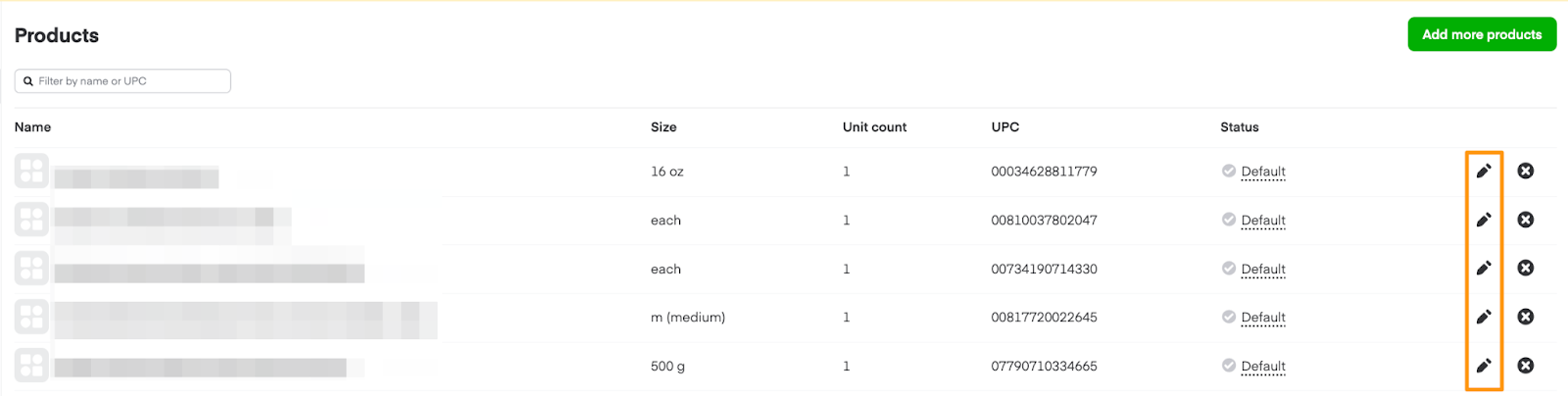 Products table with pencil icons highlighted for editing