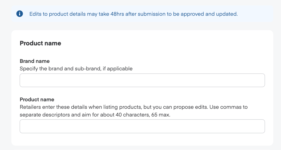 Product name editing form with Brand name and Product name fields