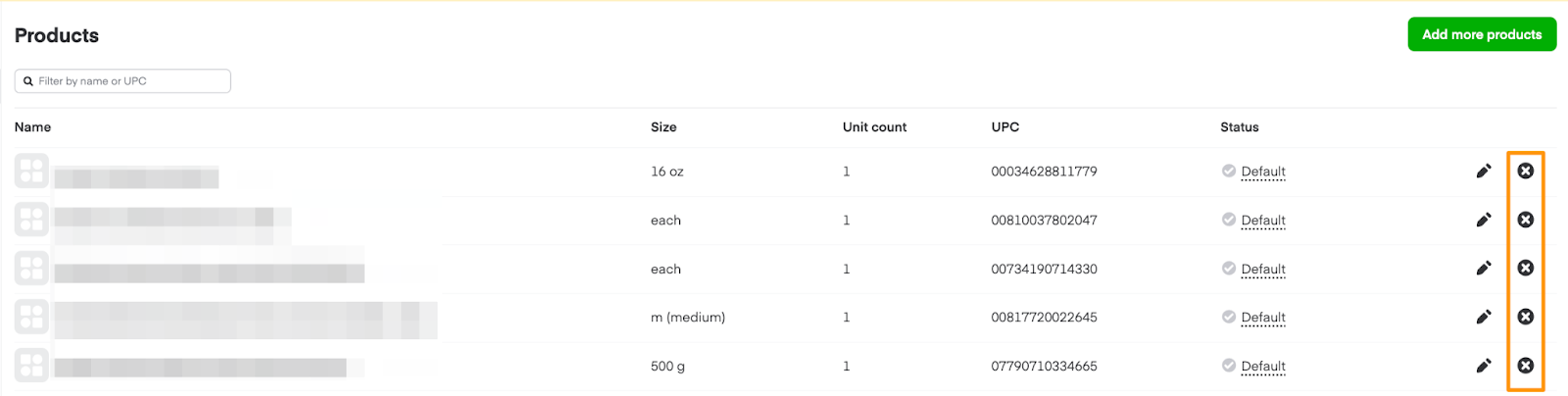 Products table with x icons highlighted in the rightmost column