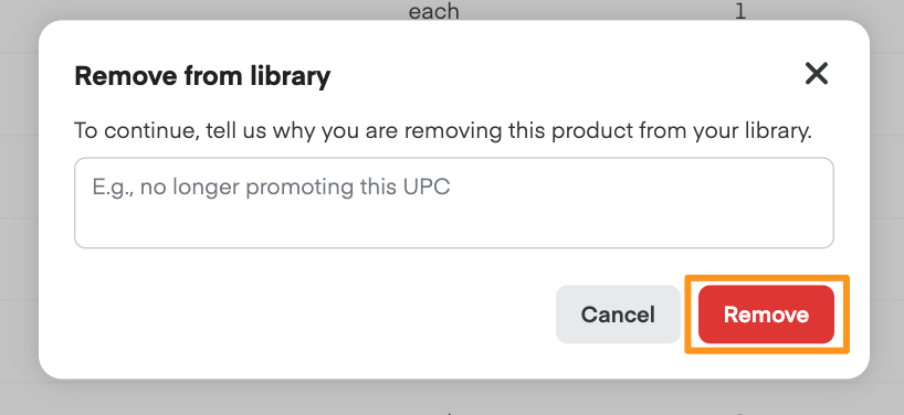 Remove from library dialog with text field and Cancel/Remove buttons