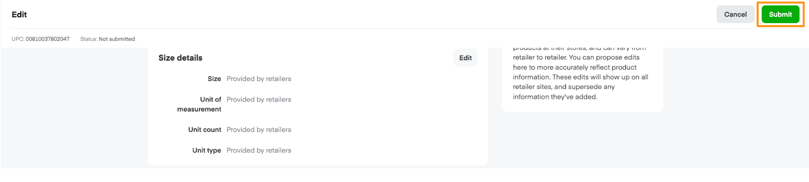 Edit screen with Cancel and Submit buttons in upper right