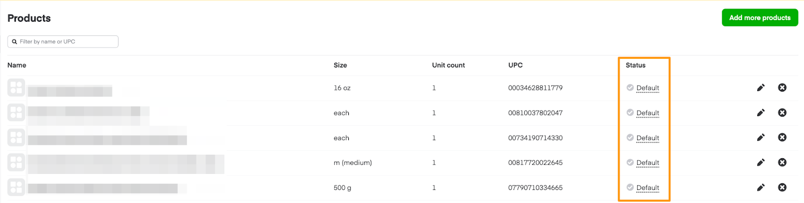 Products table with Status column highlighted showing "Default" status