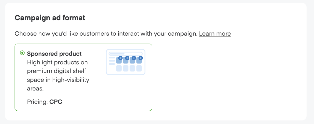 Campaign ad format section showing Sponsored product option selected with product icon display and "Pricing: CPC" label