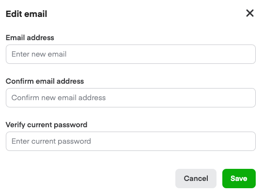 Edit email form with Email address, Confirm email address, and Verify current password fields, along with Cancel and Save buttons