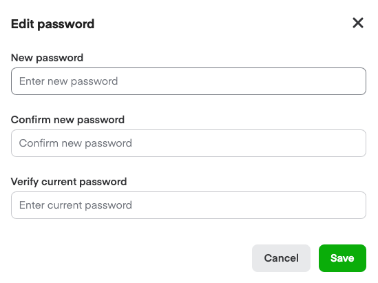 Edit password form with New password, Confirm new password, and Verify current password fields, along with Cancel and Save buttons