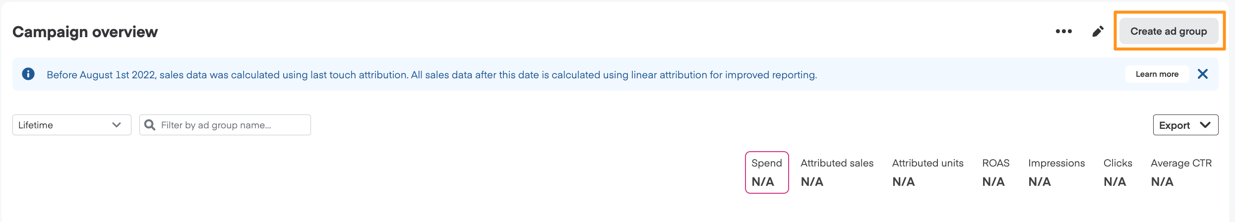Campaign overview page with performance chart and "Create ad group" button