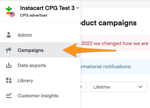 Navigation menu showing Instacart CPG Test 3 with Admin, Campaigns (highlighted), Data exports, Library, and Customer insights options
