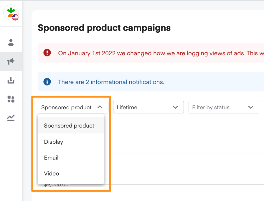 Sponsored product campaigns page with dropdown showing Sponsored product, Display, Email, Video, and Inspiration options