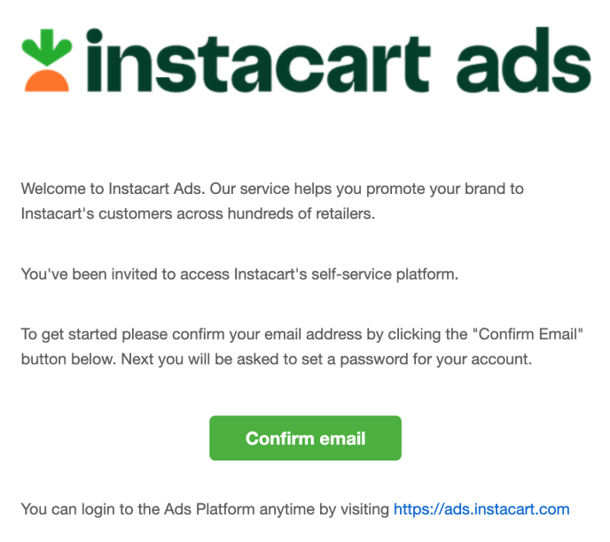 Instacart ads logo with welcome message and "Confirm email" button