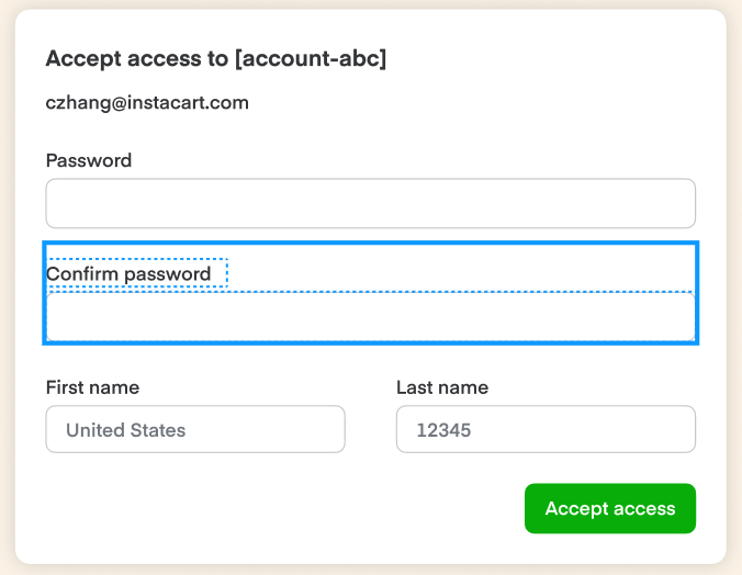 Account access form with email, password, confirm password, first name, and last name fields, plus "Accept access" button