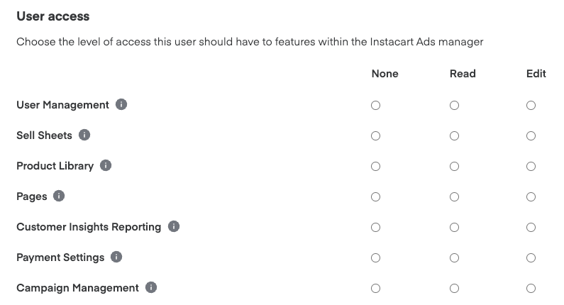 User access table showing None, Read, and Edit columns for User Management, Sell Sheets, Product Library, Pages, Customer Insights Reporting, Payment Settings, and Campaign Management