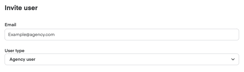 Invite user form with Email field showing Example@agency.com and User type dropdown set to Agency user