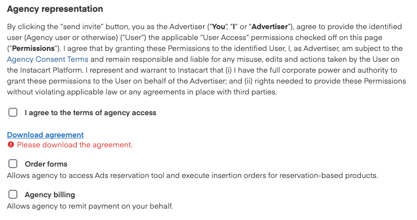 Agency representation section with checkboxes for agreement, Order forms, and Agency billing