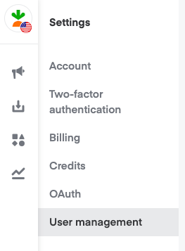 Settings menu showing Account, Two-factor authentication, Billing, Credits, OAuth, and User management options