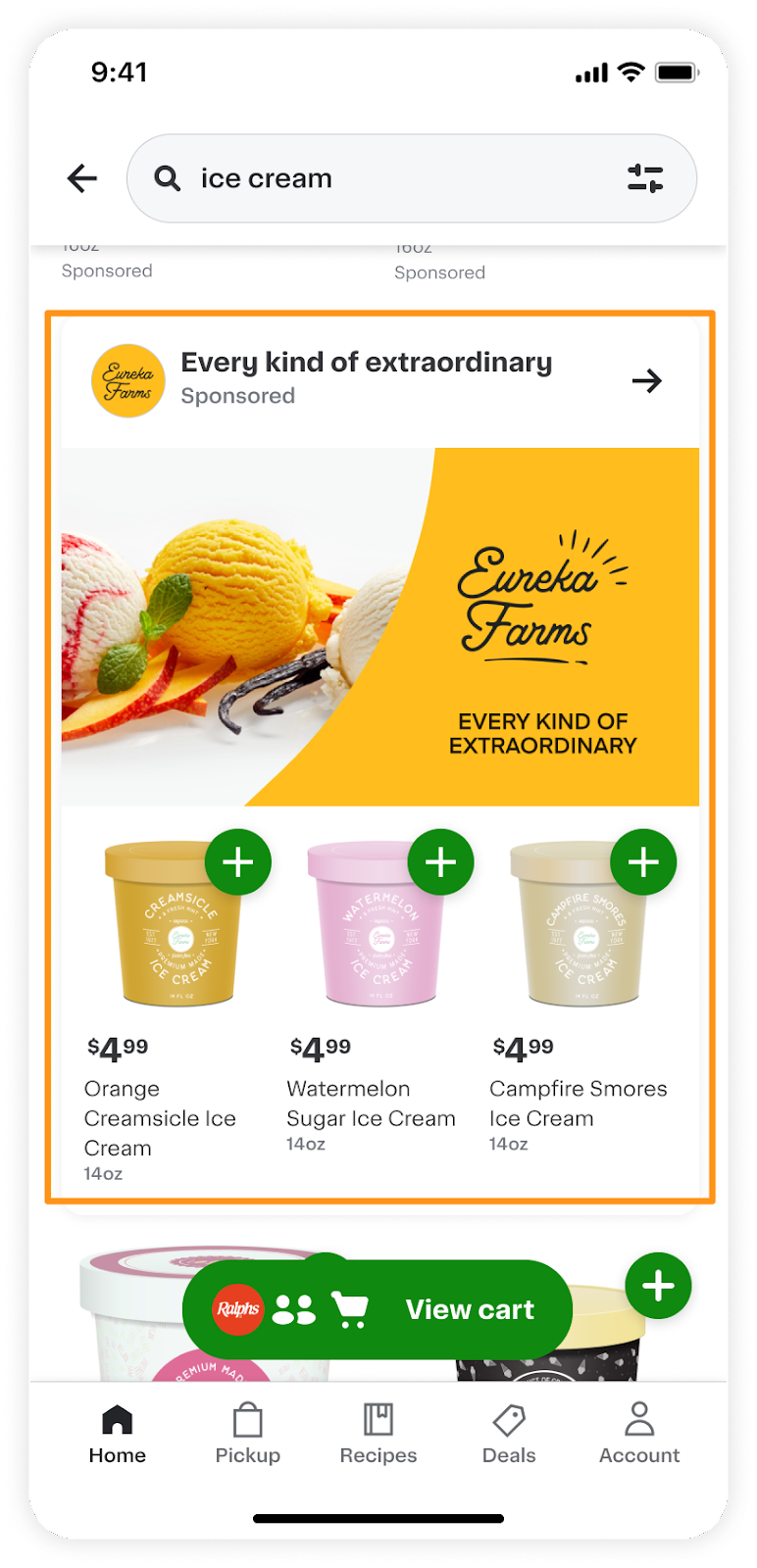 Mobile and desktop shoppable display ad examples with "Every kind of extraordinary" creative and ice cream products