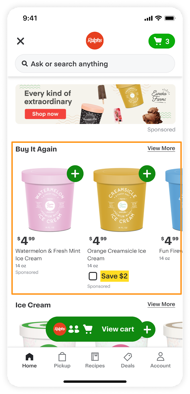 Mobile and desktop views of Brand Pages showing "Buy it Again" and "Ice Cream" sections