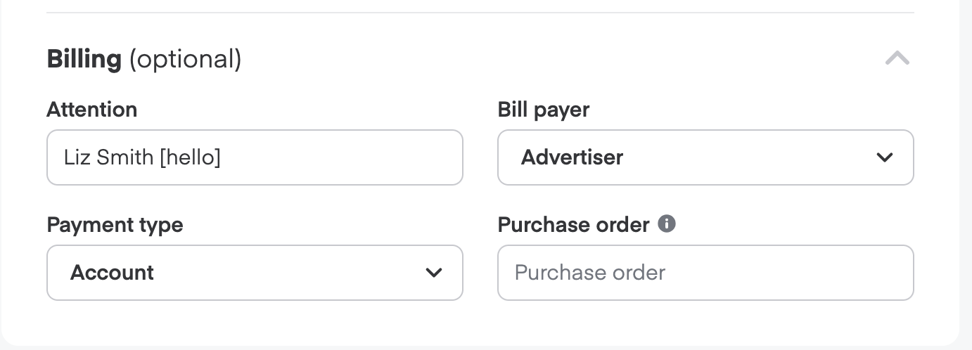 Billing form with Attention, Bill payer, Payment type, and Purchase order fields