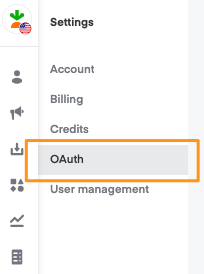 Settings menu showing Account, Billing, Credits, OAuth, and User management options with OAuth highlighted