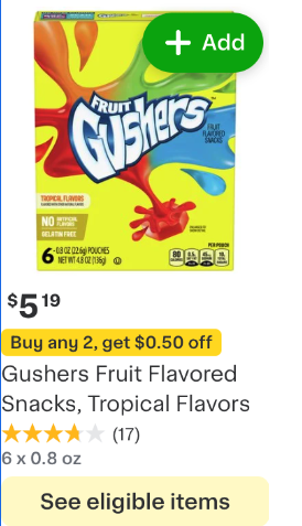 Shows an item tile with a coupon that advertises &quot;Buy 2 Get $0.50 off&quot;.