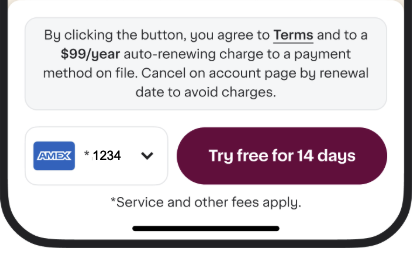 Shows a checkout section with a terms notice, a selected AMEX card ending in 1234, and a button labeled Try free for 14 days above a service-fees note.