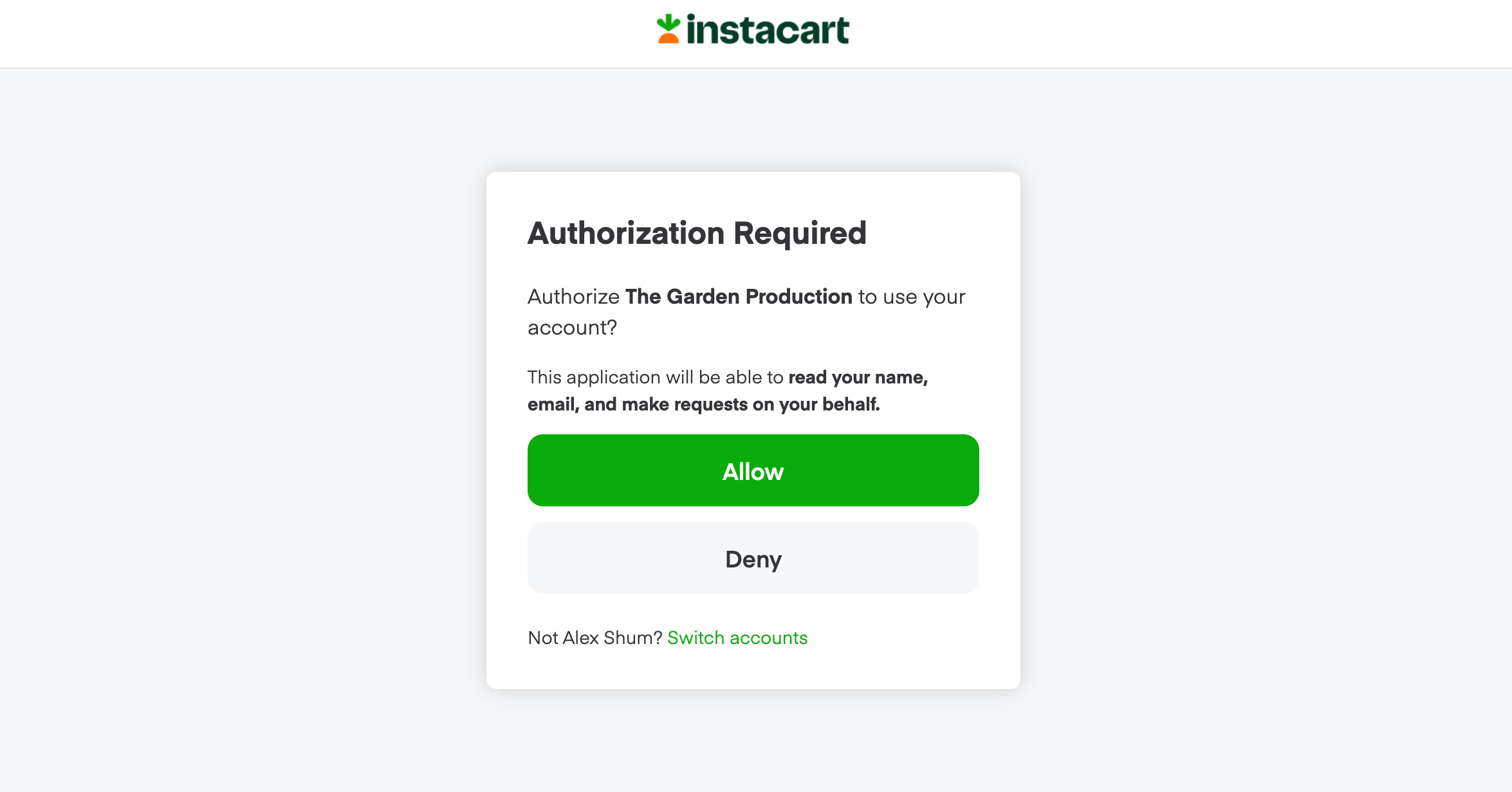 The image shows the Authorization Required page with the following text: Authorize the retailer to use your account? The application can read your name, email, and make requests on your behalf. There are two buttons: Allow and Deny