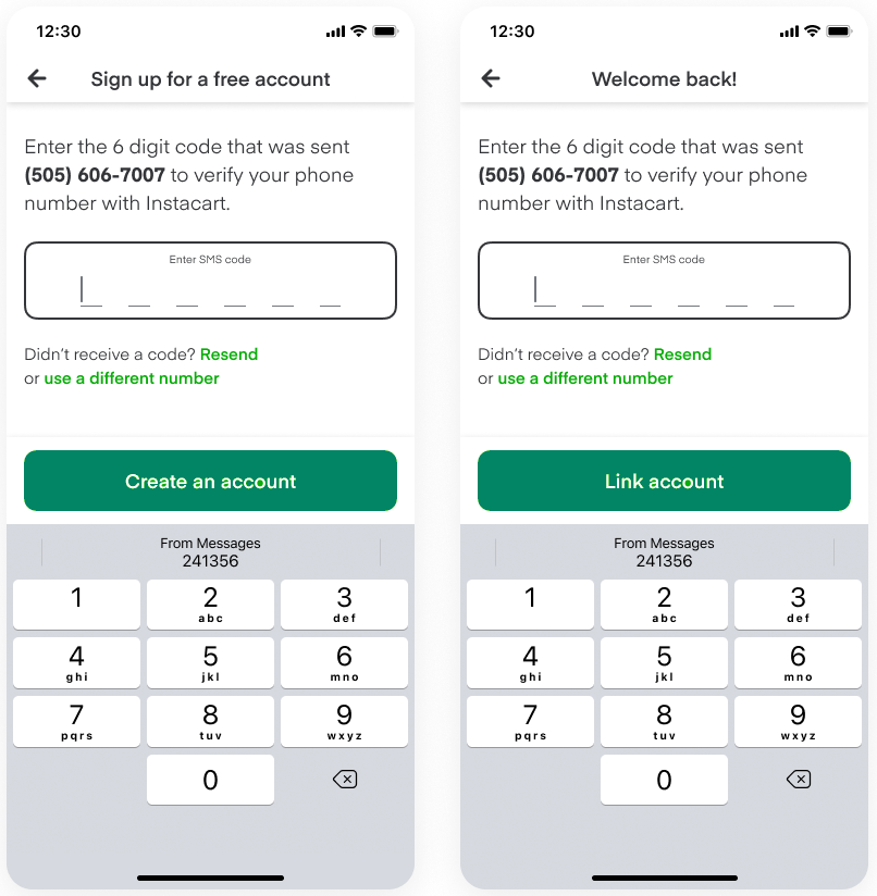 Shows the verification screens, where the customer enters the code that is sent by text to their mobile phone number.