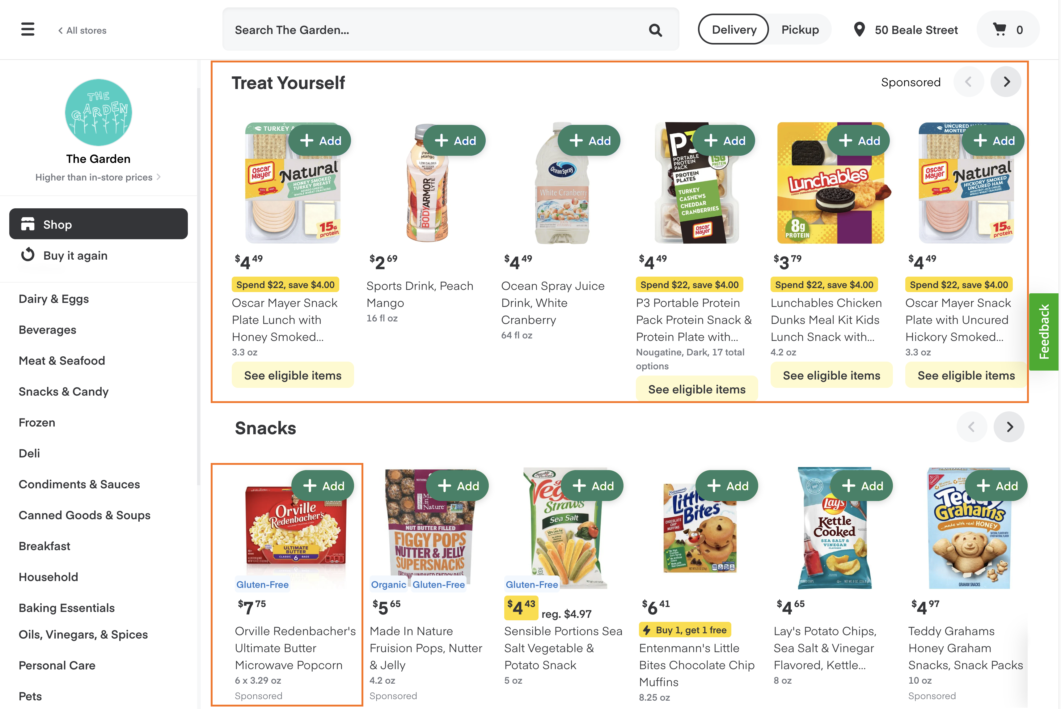 Shows a sponsored products carousel with the title &quot;Treat yourself&quot;. After the carousel, the &quot;Snacks&quot; collection includes a sponsored product in the first item tile.