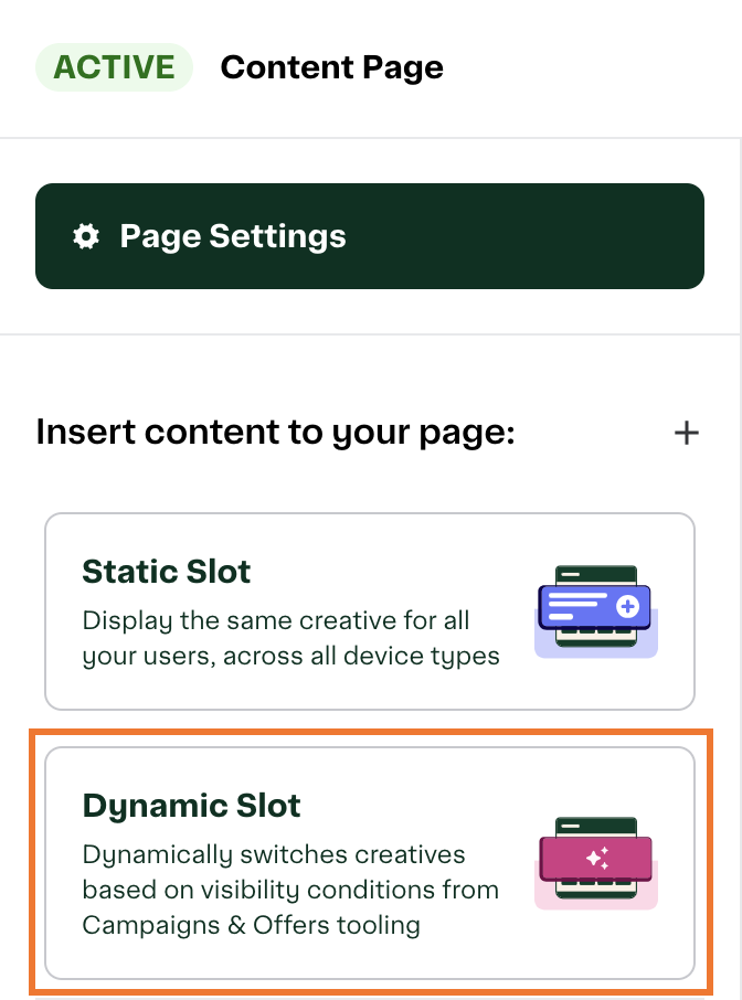 Shows an active content page in Instacart Platform Portal with options to add content with a Static Slot or Dynamic Slot. The Dynamic Slot option is highlighted.