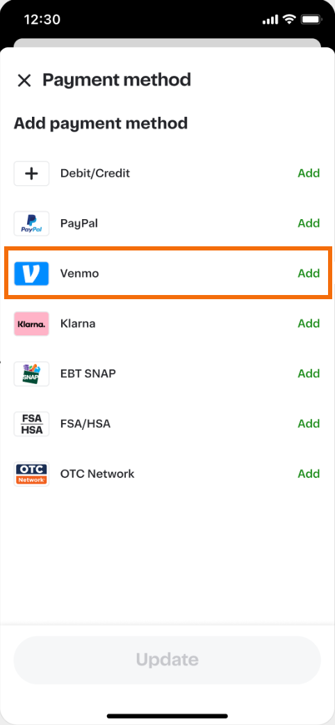 Shows the available payment methods during order checkout. The Venmo payment method is highlighted.