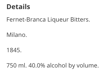 Example alcohol product details