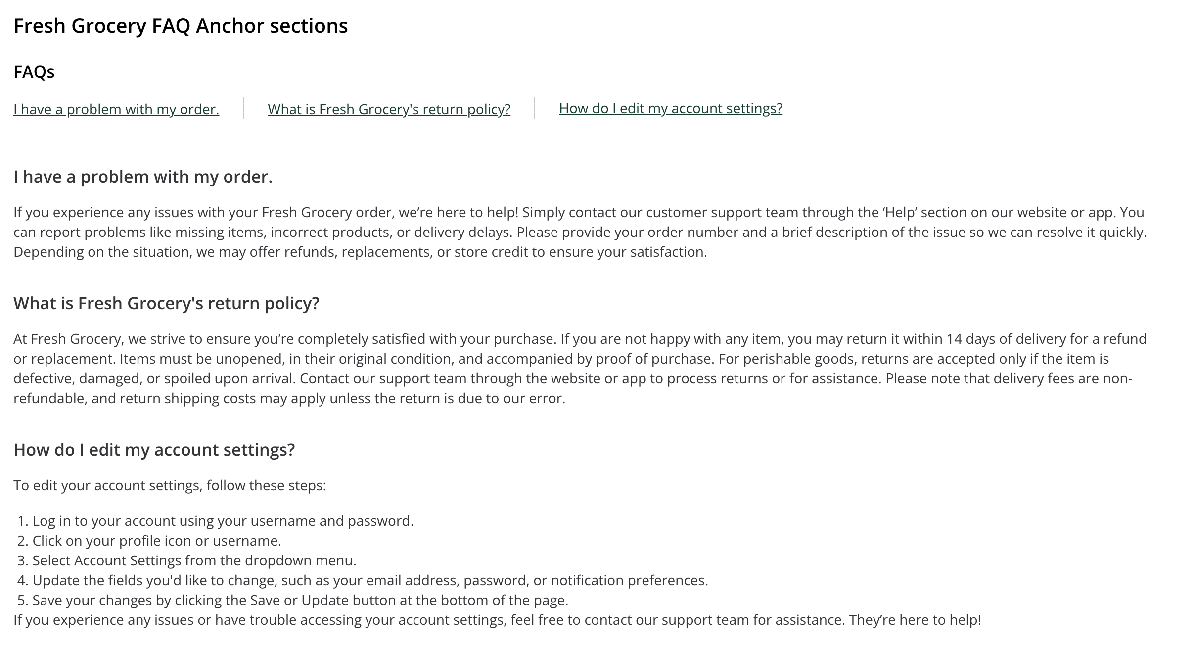 Shows a Fresh Grocery FAQ page with three sections: handling order issues, understanding the return policy, and editing account settings, each with instructions or details.