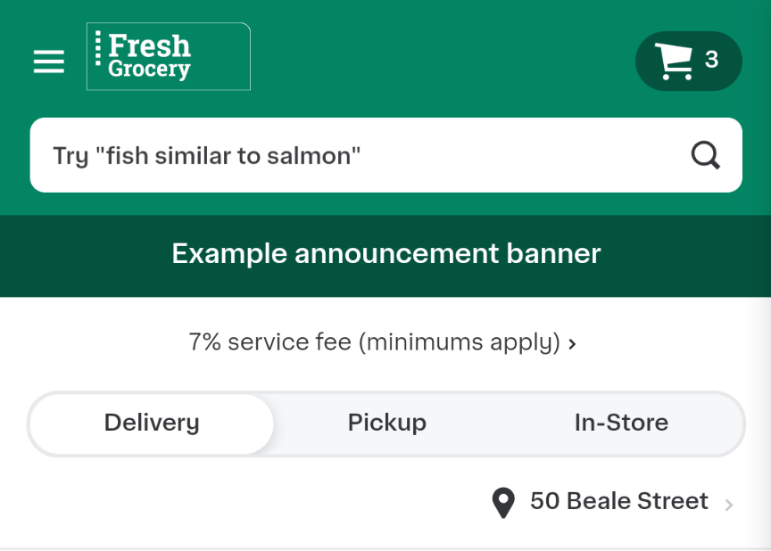 Shows a mobile app interface for the Fresh Grocery with a search bar, an example announcement banner, and options for delivery, pickup, or in-store shopping.