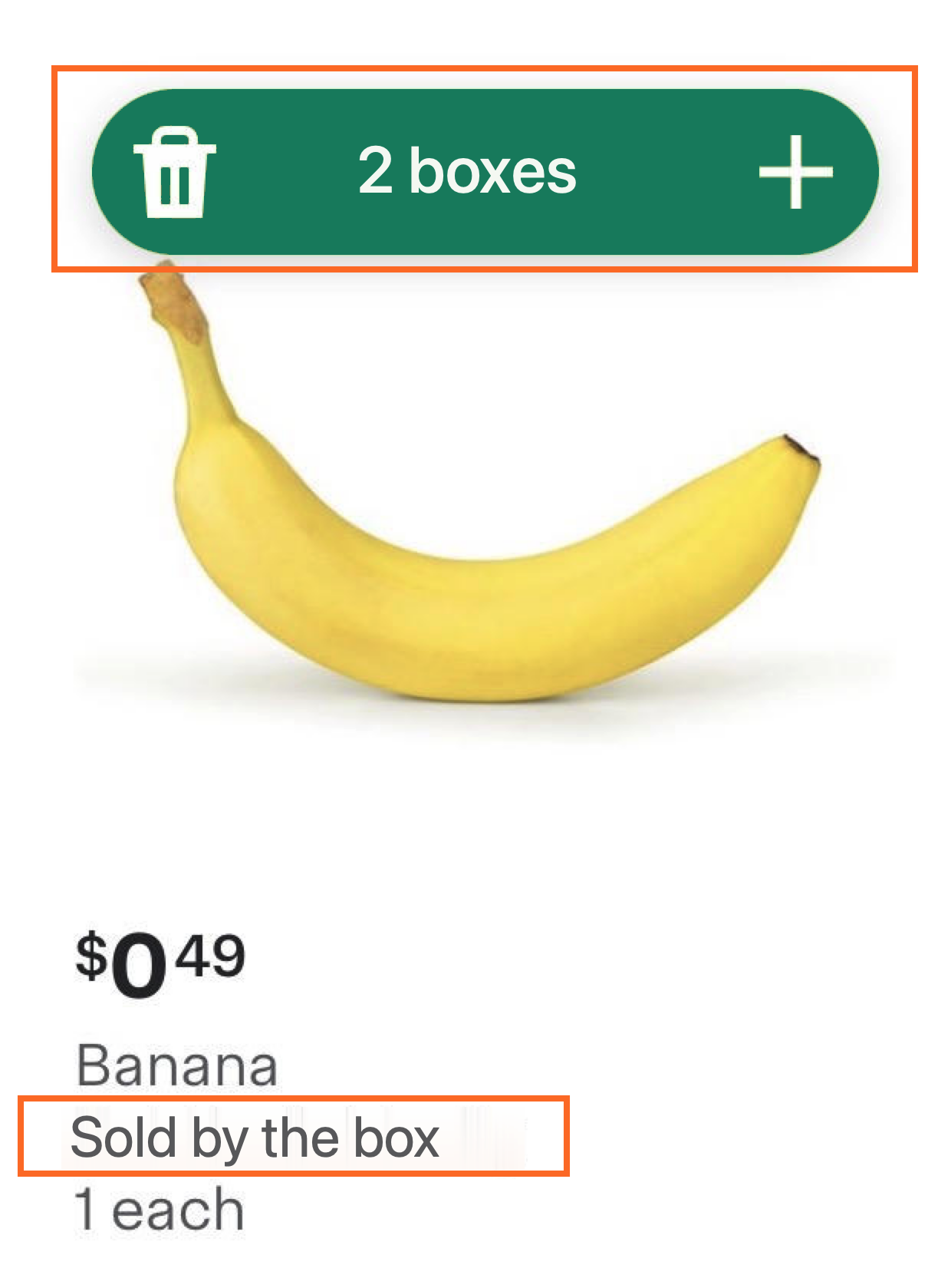 Shows a banana item tile with "2 boxes" in the quantity icon and "Sold by the box" below the product name.