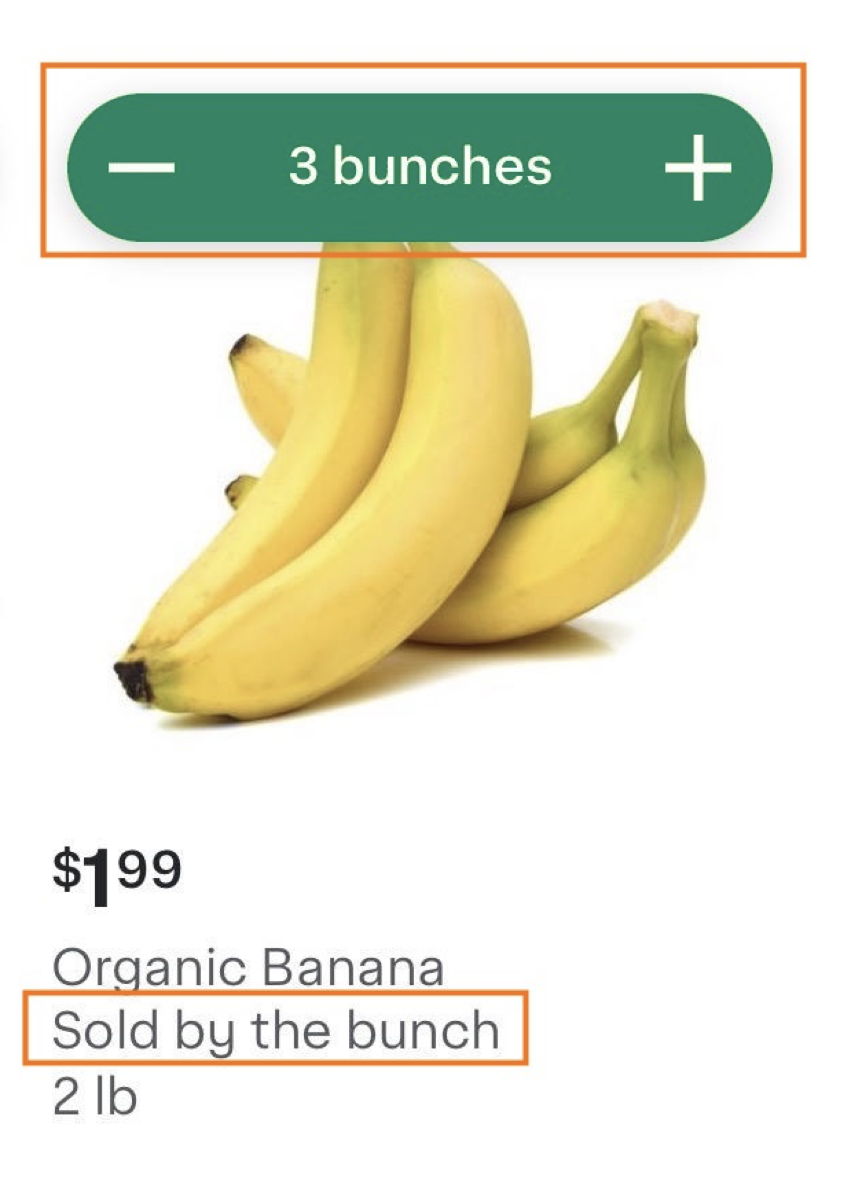Shows a banana item tile with "3 bunches" in the quantity icon and "Sold by the bunch" below the product name.