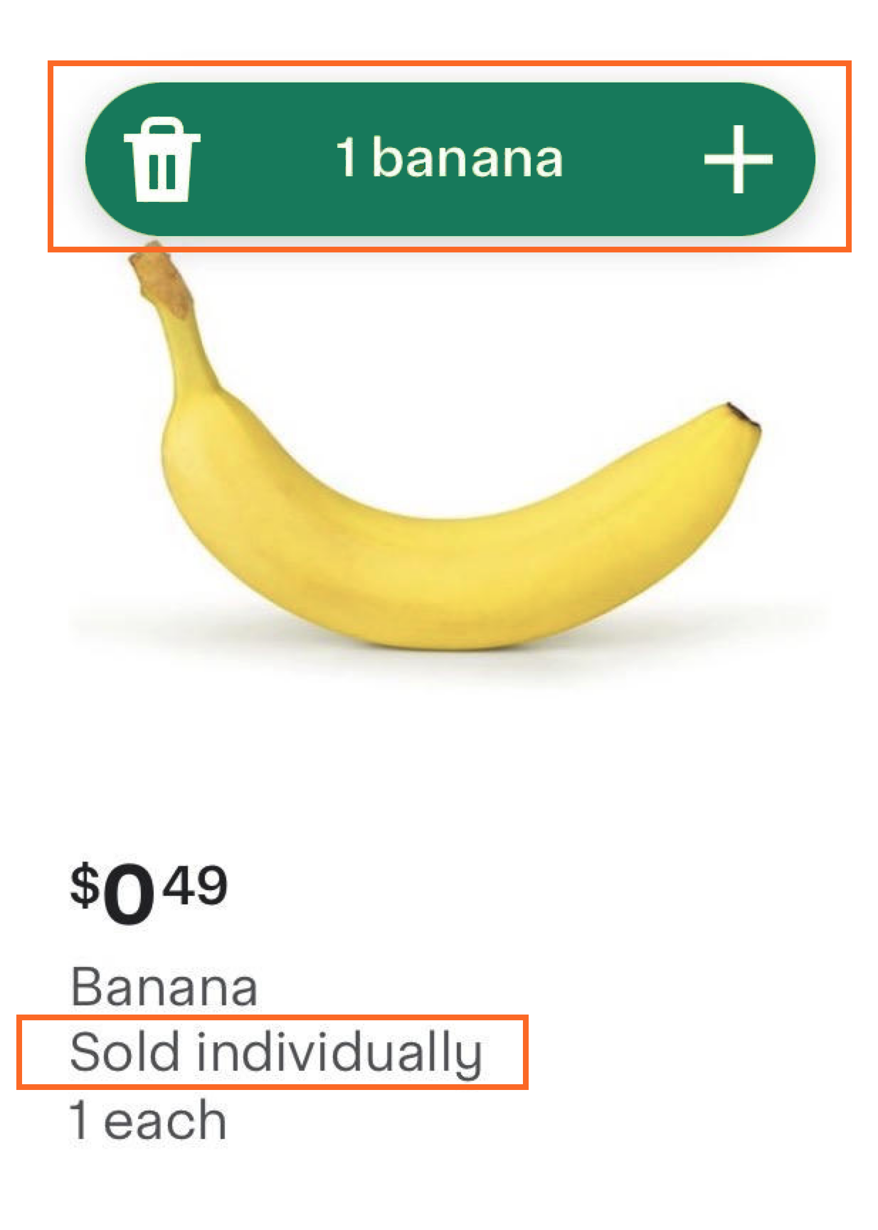 Shows a banana item tile with "1 banana" in the quantity icon and "Sold individually" below the product name.