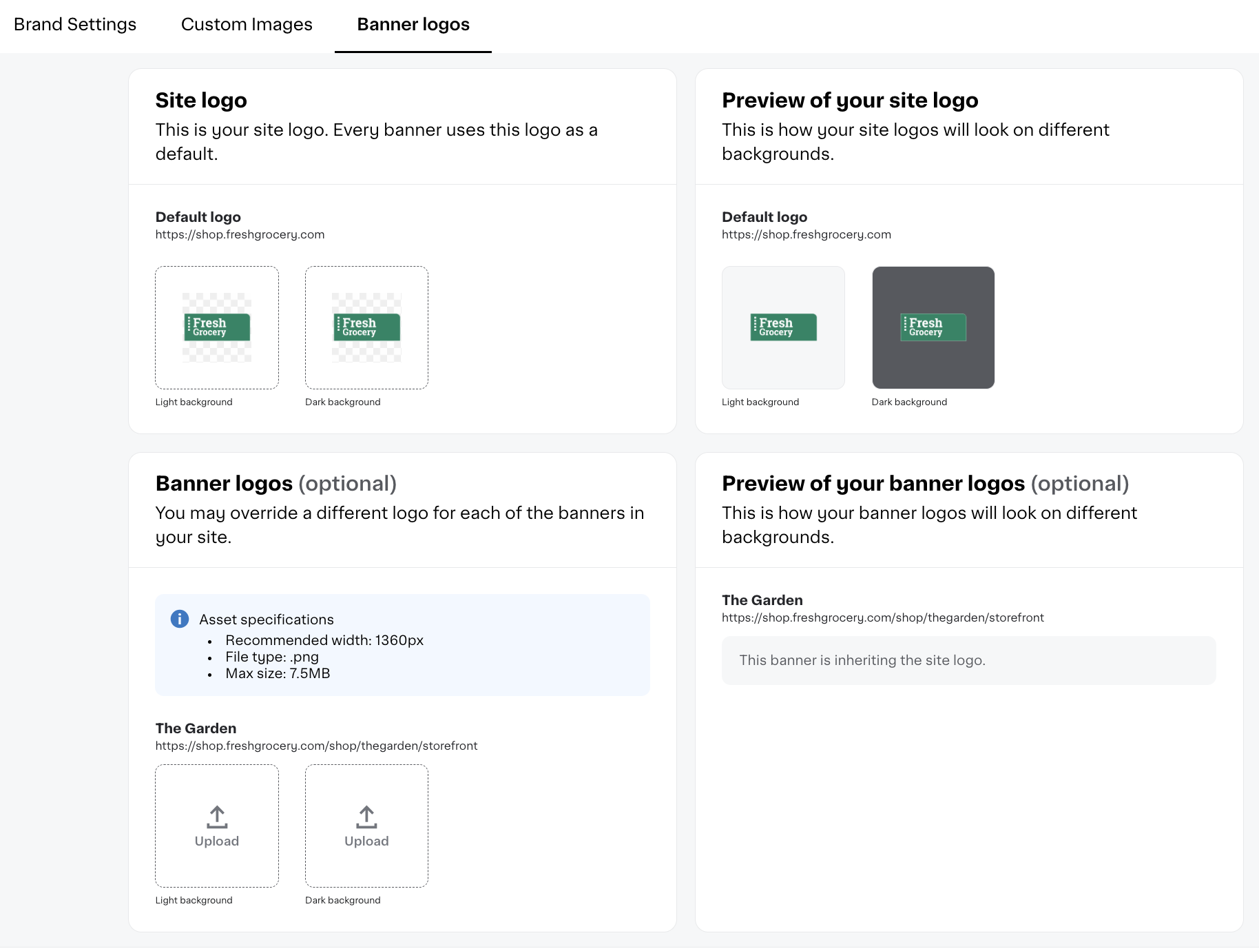 Shows the banner logos tool in Instacart Platform Portal with options to upload and preview logos on light and dark backgrounds.