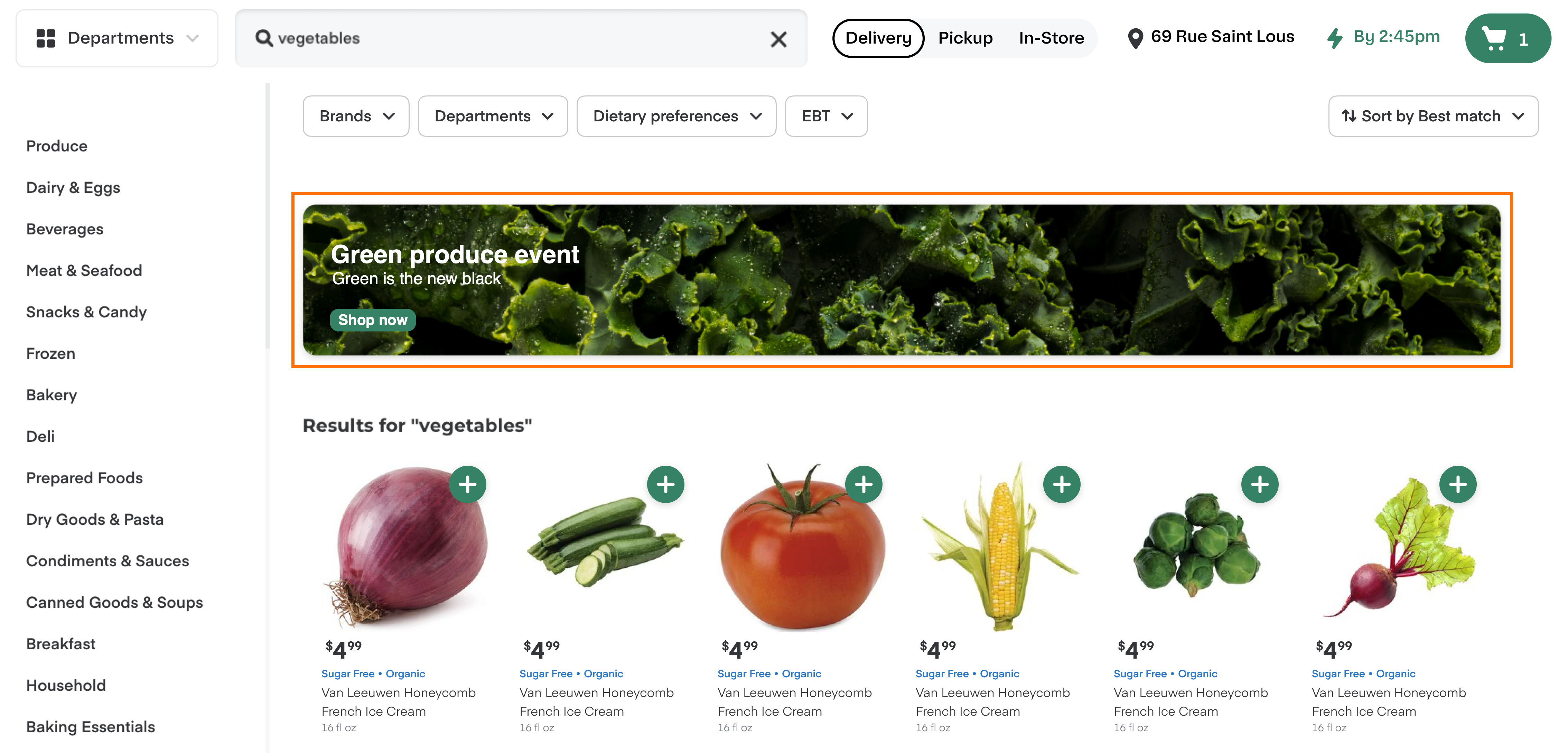 Shows a creative for the Green produce event. The creative appears above the &quot;vegetables&quot; search results.